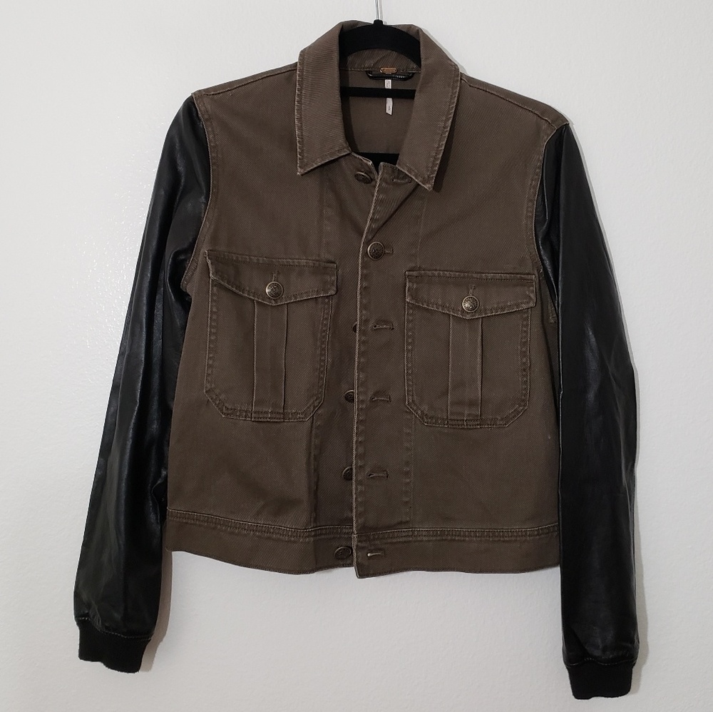 Free People Denim Jean Jacket Faux Leather Sleeve